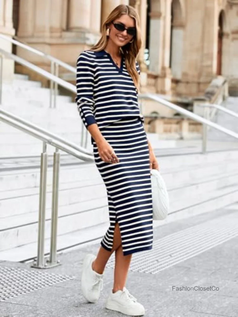 2 Piece Skirt Sets Striped Sweater Dress Polo Neck Knit Long Sleeve Midi Dress